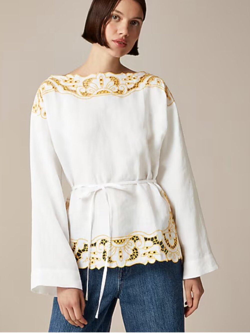 J. Crew | 100% Linen Cutwork Embroidered Top in White and Yellow NWT